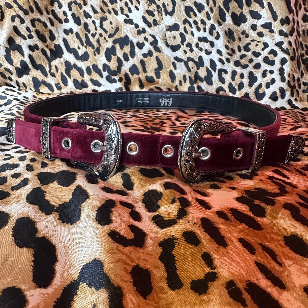 burgundy velvet double buckle waist belt